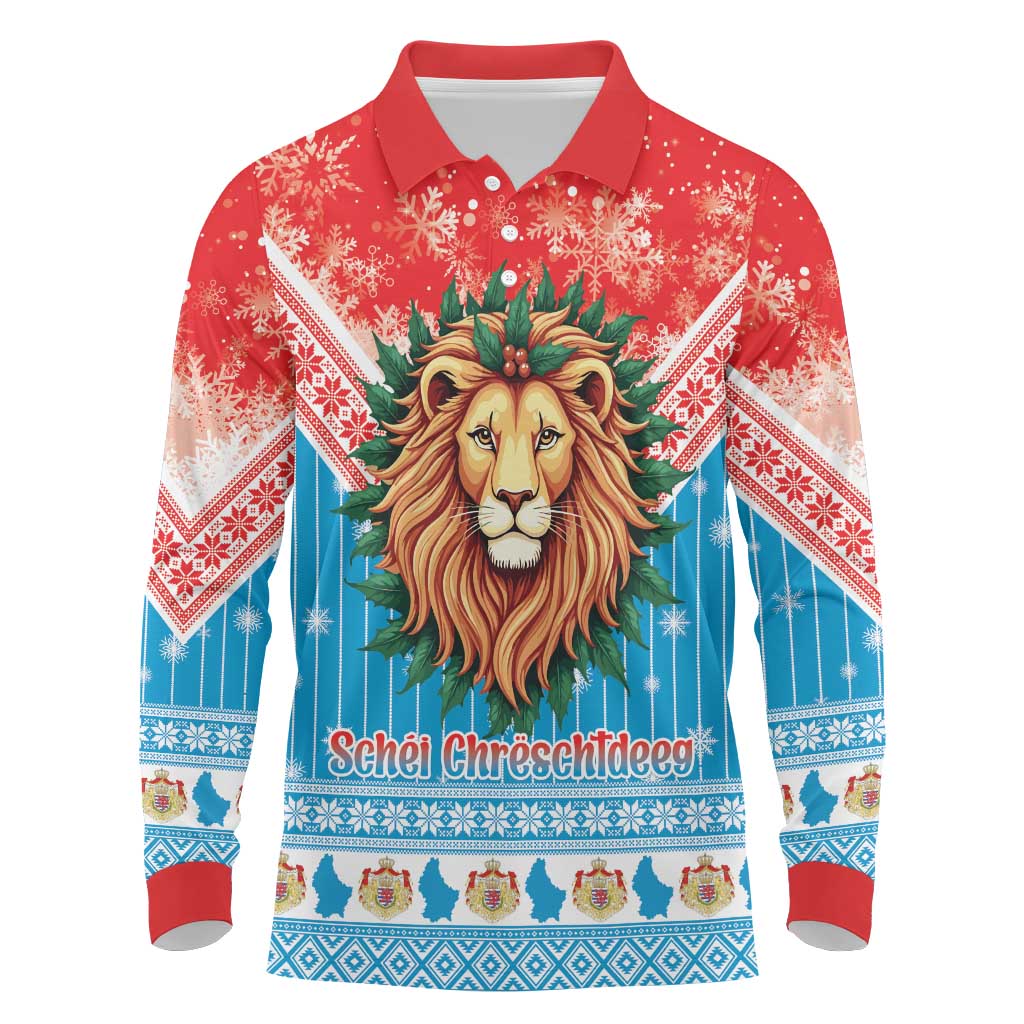 Luxembourg Christmas Long Sleeve Polo Shirt Schei Chreschtdeeg Xmas Pattern - Wonder Print Shop