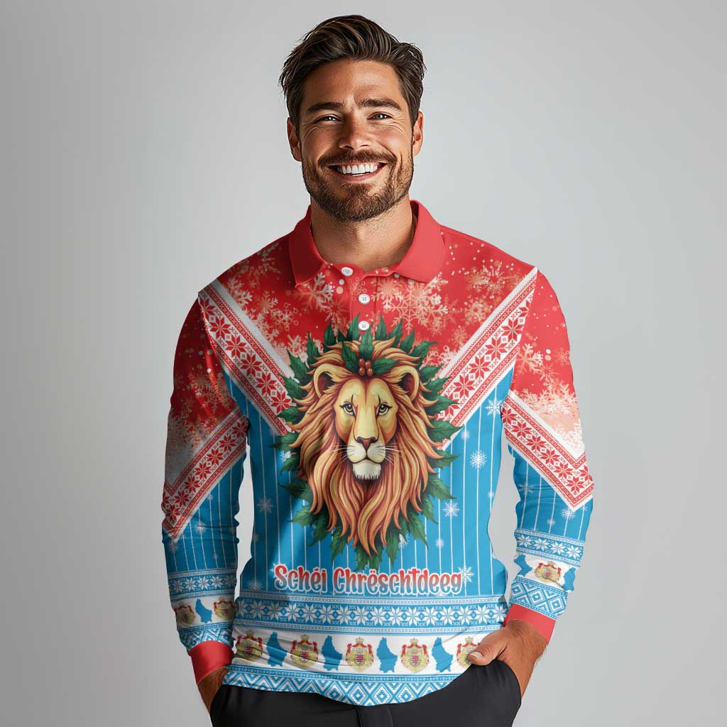 Luxembourg Christmas Long Sleeve Polo Shirt Schei Chreschtdeeg Xmas Pattern - Wonder Print Shop