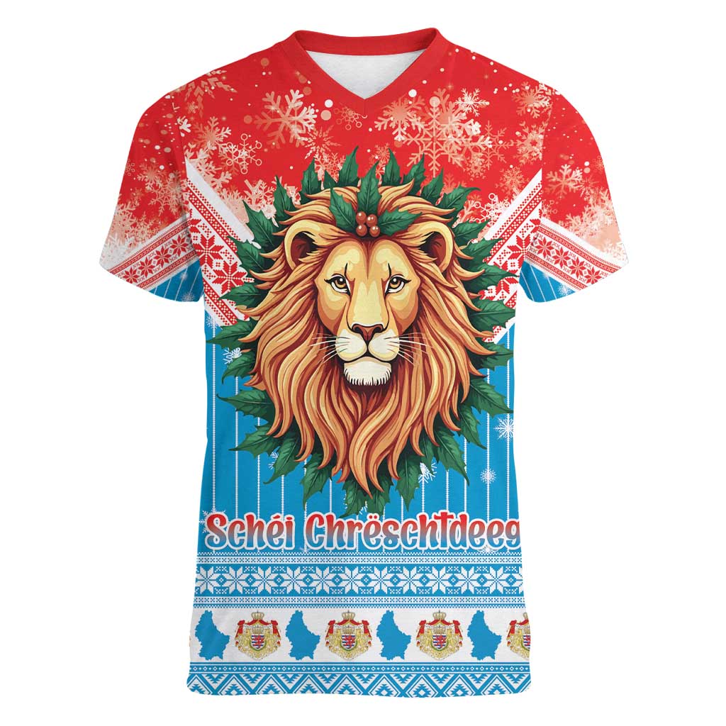 Luxembourg Christmas Women V-Neck T-Shirt Schei Chreschtdeeg Xmas Pattern - Wonder Print Shop