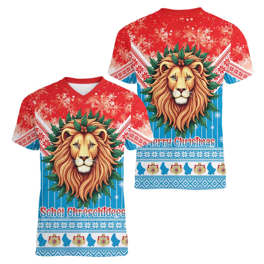 Luxembourg Christmas Women V-Neck T-Shirt Schei Chreschtdeeg Xmas Pattern - Wonder Print Shop