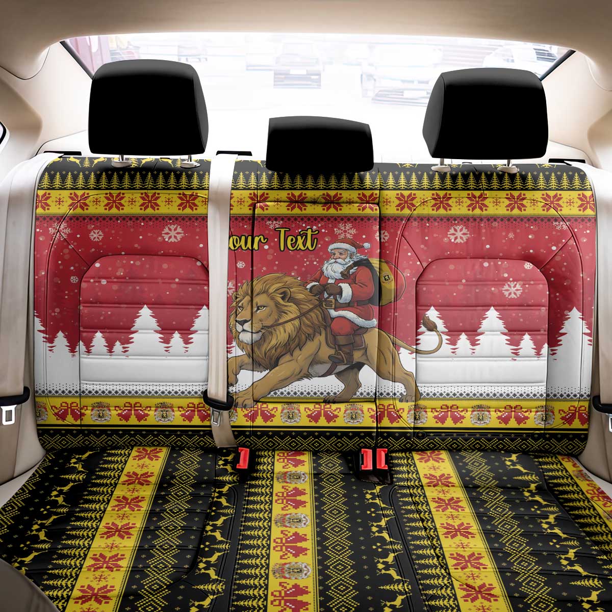 Belgium Christmas Personalized Back Car Seat Cover Santa Riding Lion - Wonder Print Shop