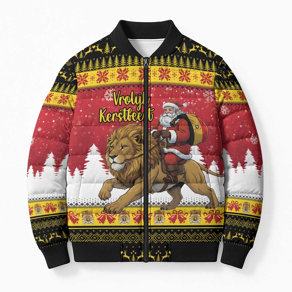 Belgium Christmas Personalized Bomber Puffer Jacket Santa Riding Lion - Wonder Print Shop