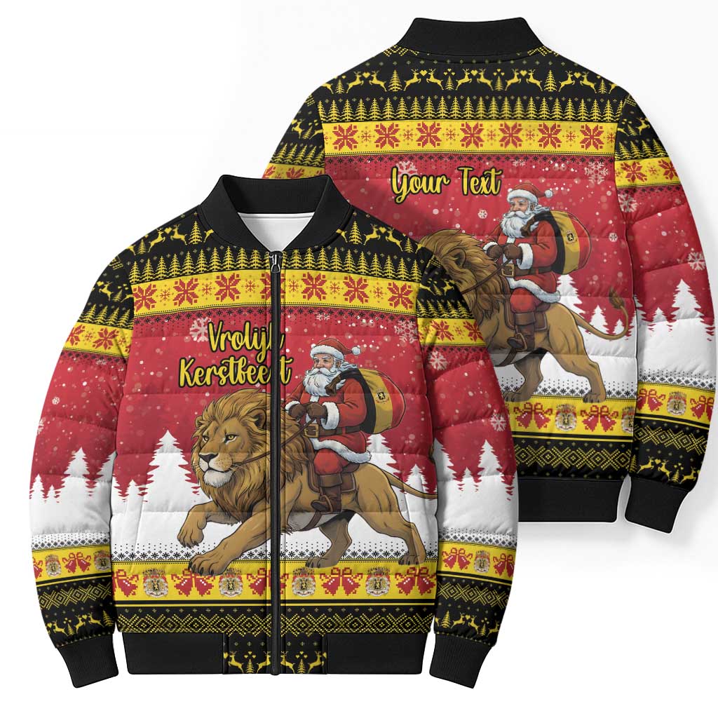 Belgium Christmas Personalized Bomber Puffer Jacket Santa Riding Lion - Wonder Print Shop