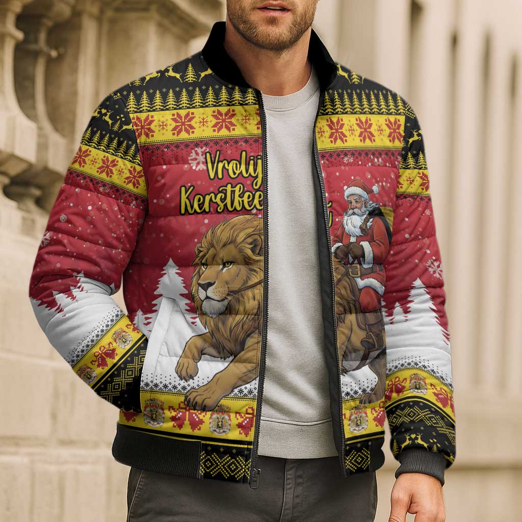 Belgium Christmas Personalized Bomber Puffer Jacket Santa Riding Lion - Wonder Print Shop