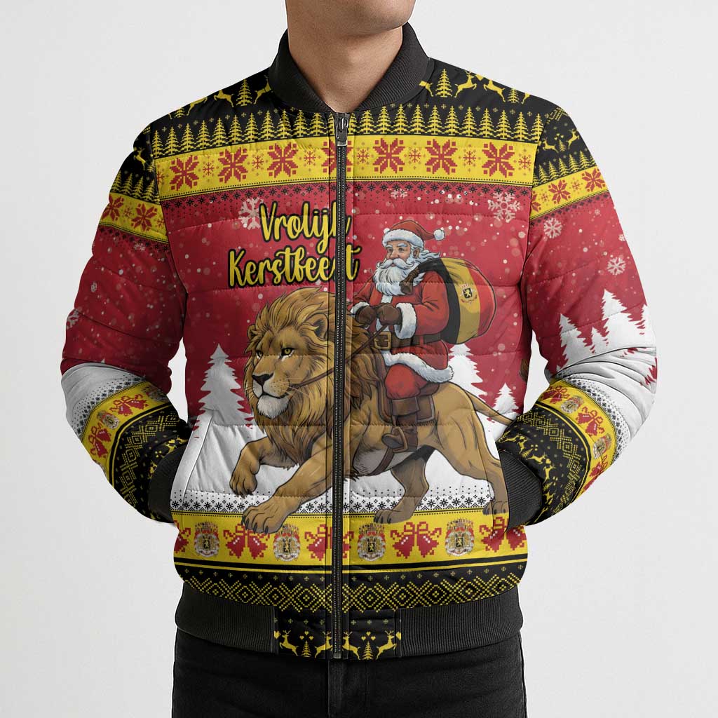 Belgium Christmas Personalized Bomber Puffer Jacket Santa Riding Lion - Wonder Print Shop