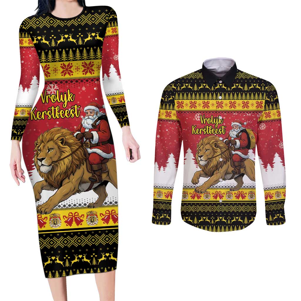 Belgium Christmas Personalized Couples Matching Long Sleeve Bodycon Dress and Long Sleeve Button Shirt Santa Riding Lion - Wonder Print Shop