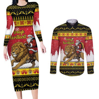 Belgium Christmas Personalized Couples Matching Long Sleeve Bodycon Dress and Long Sleeve Button Shirt Santa Riding Lion - Wonder Print Shop