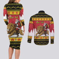 Belgium Christmas Personalized Couples Matching Long Sleeve Bodycon Dress and Long Sleeve Button Shirt Santa Riding Lion - Wonder Print Shop