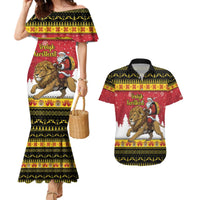 Belgium Christmas Personalized Couples Matching Mermaid Dress and Hawaiian Shirt Santa Riding Lion - Wonder Print Shop