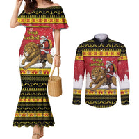 Belgium Christmas Personalized Couples Matching Mermaid Dress and Long Sleeve Button Shirt Santa Riding Lion - Wonder Print Shop