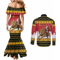 Belgium Christmas Personalized Couples Matching Mermaid Dress and Long Sleeve Button Shirt Santa Riding Lion - Wonder Print Shop