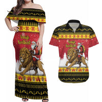 Belgium Christmas Personalized Couples Matching Off Shoulder Maxi Dress and Hawaiian Shirt Santa Riding Lion - Wonder Print Shop