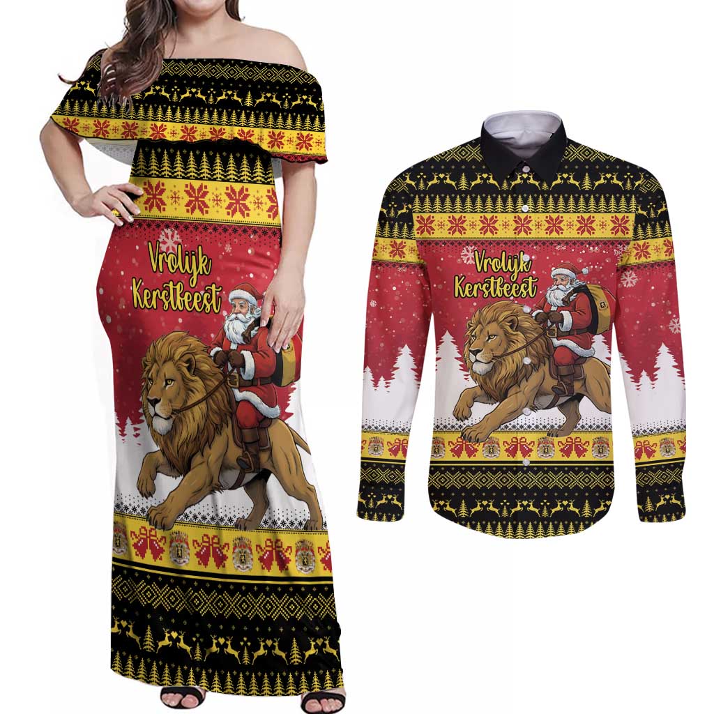 Belgium Christmas Personalized Couples Matching Off Shoulder Maxi Dress and Long Sleeve Button Shirt Santa Riding Lion - Wonder Print Shop