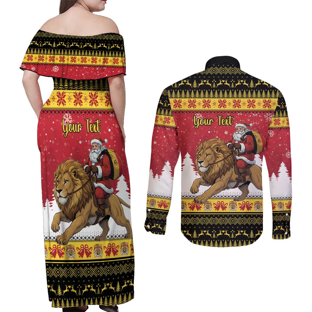 Belgium Christmas Personalized Couples Matching Off Shoulder Maxi Dress and Long Sleeve Button Shirt Santa Riding Lion - Wonder Print Shop