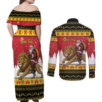 Belgium Christmas Personalized Couples Matching Off Shoulder Maxi Dress and Long Sleeve Button Shirt Santa Riding Lion - Wonder Print Shop