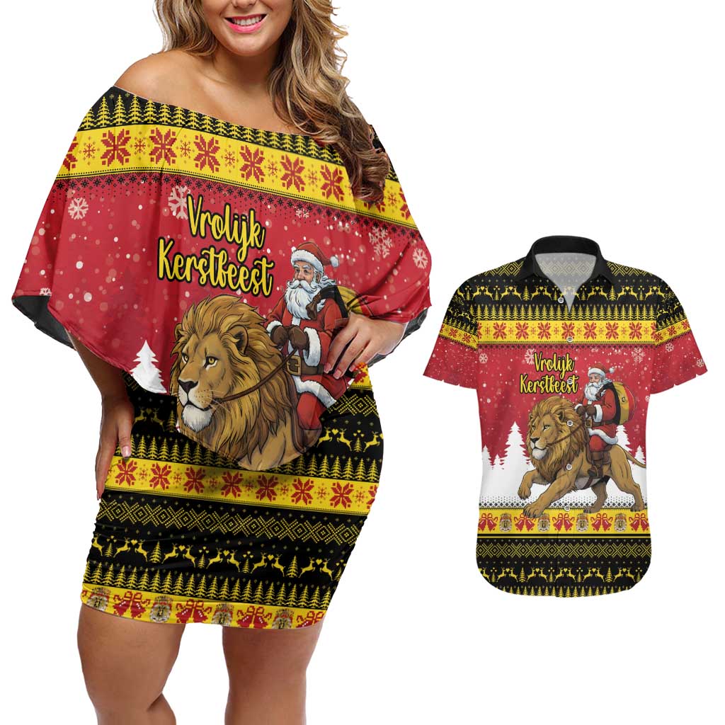 Belgium Christmas Personalized Couples Matching Off Shoulder Short Dress and Hawaiian Shirt Santa Riding Lion - Wonder Print Shop