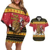 Belgium Christmas Personalized Couples Matching Off Shoulder Short Dress and Hawaiian Shirt Santa Riding Lion - Wonder Print Shop