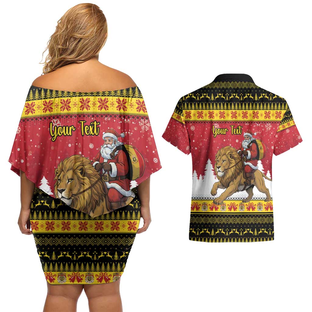 Belgium Christmas Personalized Couples Matching Off Shoulder Short Dress and Hawaiian Shirt Santa Riding Lion - Wonder Print Shop