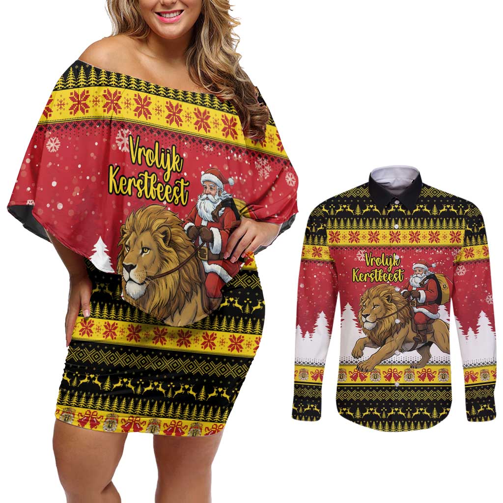 Belgium Christmas Personalized Couples Matching Off Shoulder Short Dress and Long Sleeve Button Shirt Santa Riding Lion - Wonder Print Shop