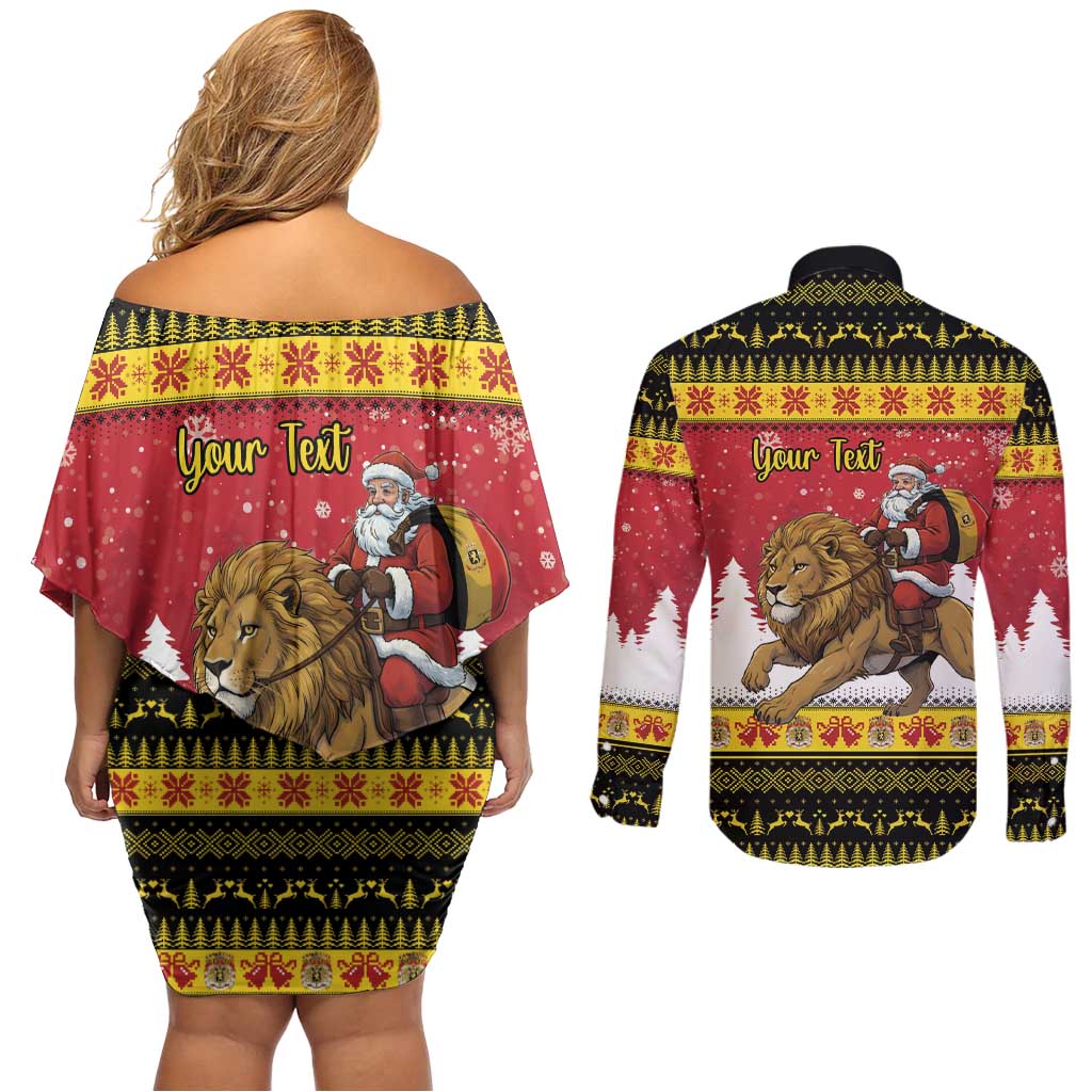 Belgium Christmas Personalized Couples Matching Off Shoulder Short Dress and Long Sleeve Button Shirt Santa Riding Lion - Wonder Print Shop