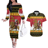Belgium Christmas Personalized Couples Matching Off The Shoulder Long Sleeve Dress and Hawaiian Shirt Santa Riding Lion - Wonder Print Shop