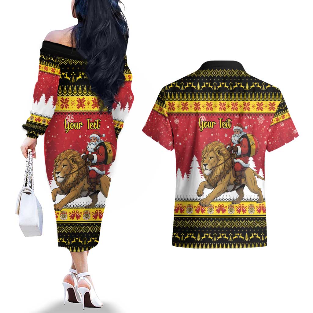 Belgium Christmas Personalized Couples Matching Off The Shoulder Long Sleeve Dress and Hawaiian Shirt Santa Riding Lion - Wonder Print Shop