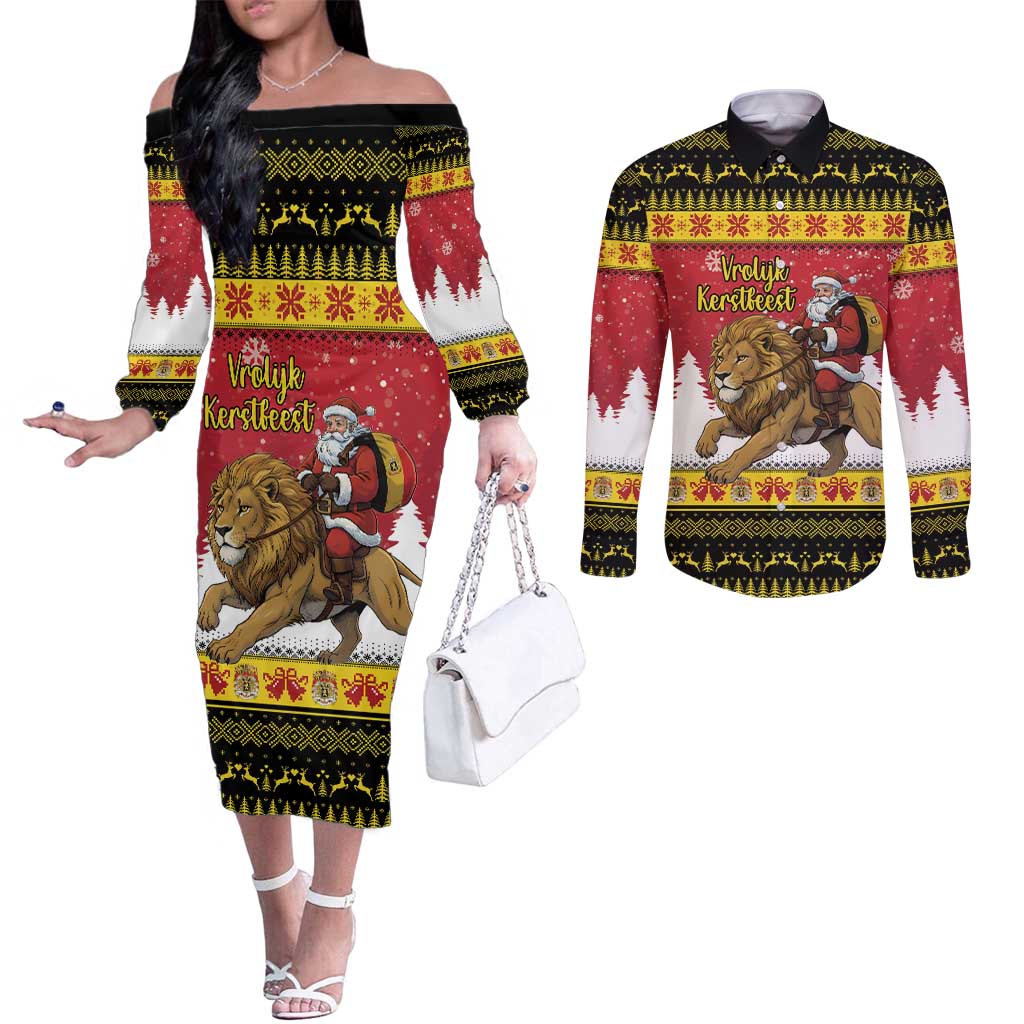 Belgium Christmas Personalized Couples Matching Off The Shoulder Long Sleeve Dress and Long Sleeve Button Shirt Santa Riding Lion - Wonder Print Shop