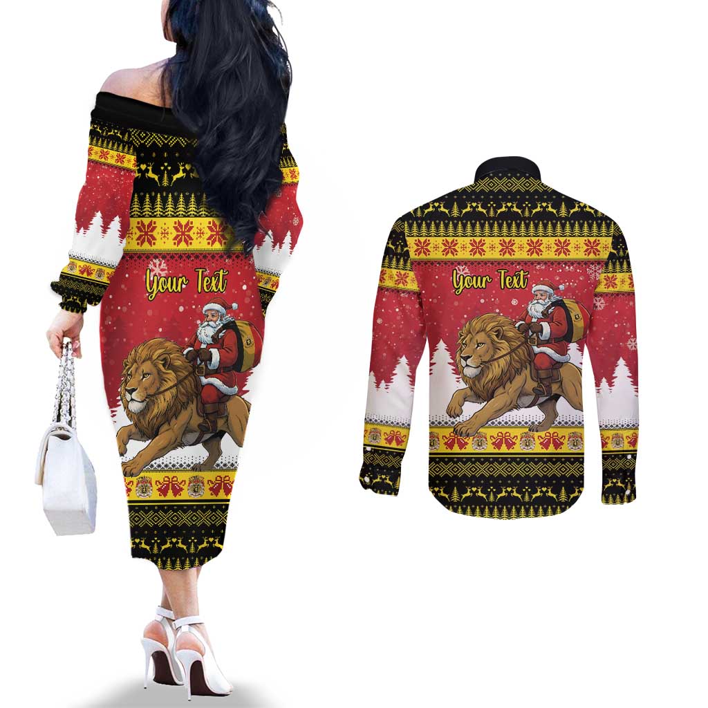 Belgium Christmas Personalized Couples Matching Off The Shoulder Long Sleeve Dress and Long Sleeve Button Shirt Santa Riding Lion - Wonder Print Shop