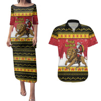 Belgium Christmas Personalized Couples Matching Puletasi and Hawaiian Shirt Santa Riding Lion - Wonder Print Shop