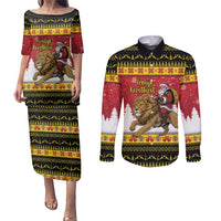 Belgium Christmas Personalized Couples Matching Puletasi and Long Sleeve Button Shirt Santa Riding Lion - Wonder Print Shop