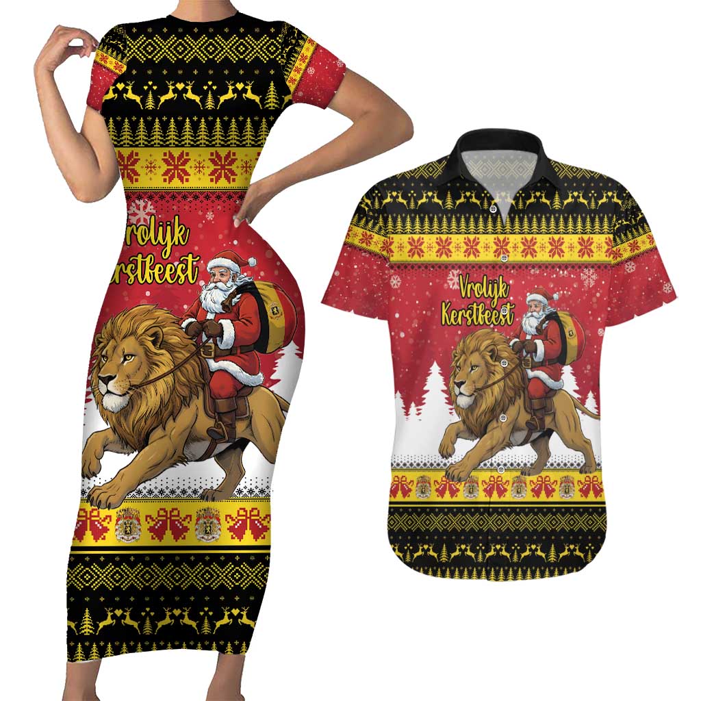 Belgium Christmas Personalized Couples Matching Short Sleeve Bodycon Dress and Hawaiian Shirt Santa Riding Lion - Wonder Print Shop