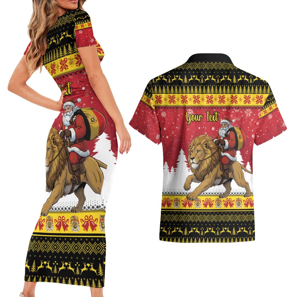 Belgium Christmas Personalized Couples Matching Short Sleeve Bodycon Dress and Hawaiian Shirt Santa Riding Lion - Wonder Print Shop