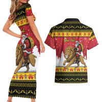 Belgium Christmas Personalized Couples Matching Short Sleeve Bodycon Dress and Hawaiian Shirt Santa Riding Lion - Wonder Print Shop