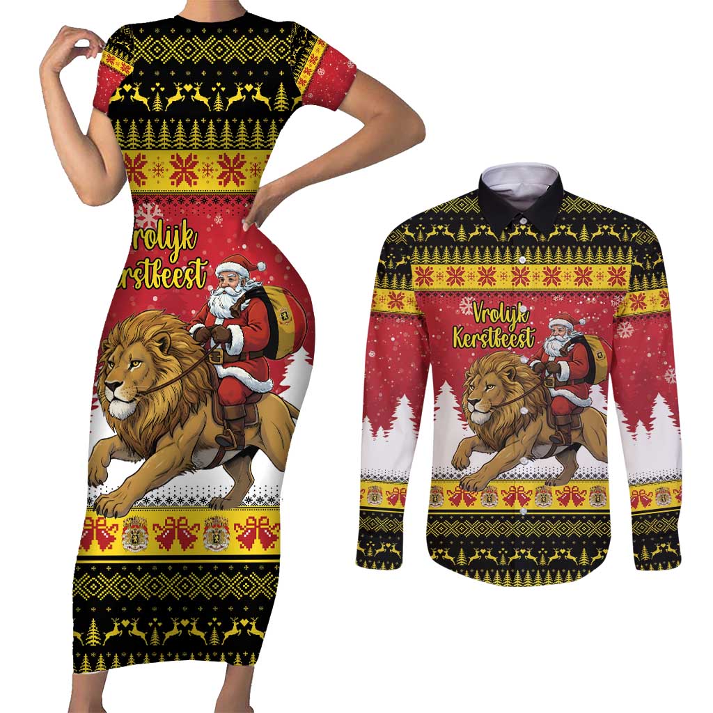 Belgium Christmas Personalized Couples Matching Short Sleeve Bodycon Dress and Long Sleeve Button Shirt Santa Riding Lion - Wonder Print Shop