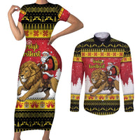 Belgium Christmas Personalized Couples Matching Short Sleeve Bodycon Dress and Long Sleeve Button Shirt Santa Riding Lion - Wonder Print Shop