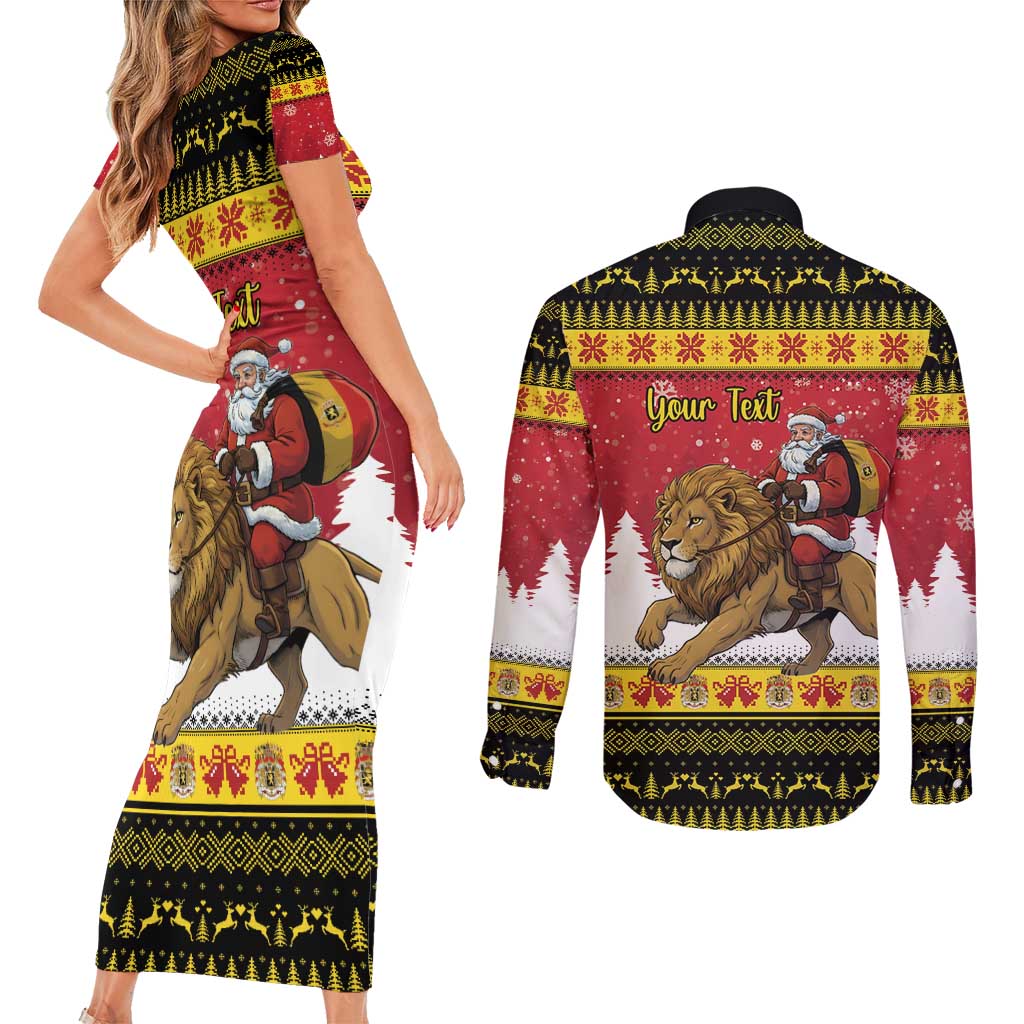Belgium Christmas Personalized Couples Matching Short Sleeve Bodycon Dress and Long Sleeve Button Shirt Santa Riding Lion - Wonder Print Shop