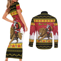 Belgium Christmas Personalized Couples Matching Short Sleeve Bodycon Dress and Long Sleeve Button Shirt Santa Riding Lion - Wonder Print Shop