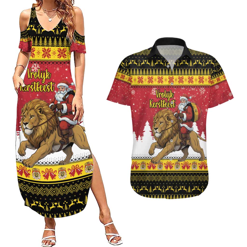 Belgium Christmas Personalized Couples Matching Summer Maxi Dress and Hawaiian Shirt Santa Riding Lion - Wonder Print Shop