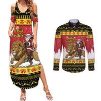 Belgium Christmas Personalized Couples Matching Summer Maxi Dress and Long Sleeve Button Shirt Santa Riding Lion - Wonder Print Shop