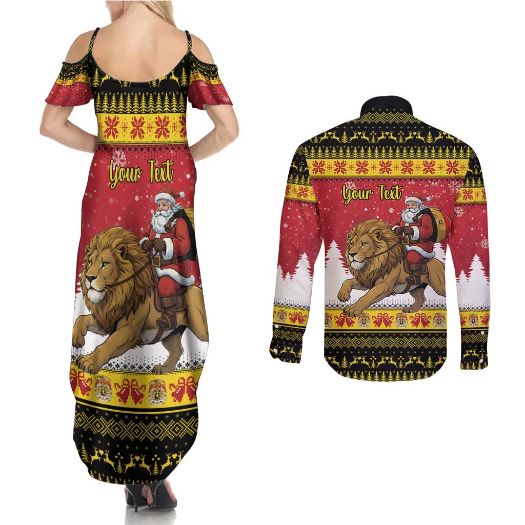 Belgium Christmas Personalized Couples Matching Summer Maxi Dress and Long Sleeve Button Shirt Santa Riding Lion - Wonder Print Shop