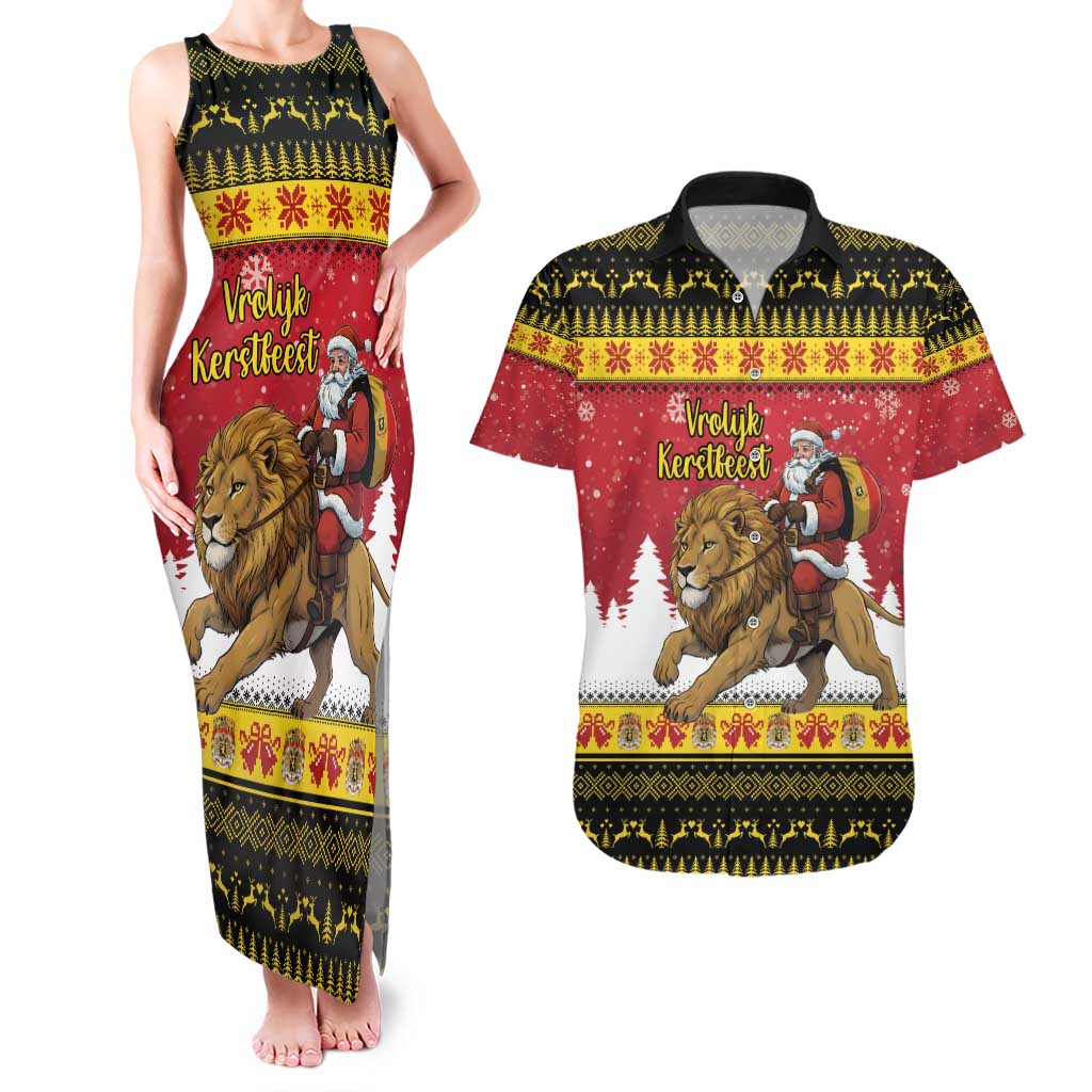 Belgium Christmas Personalized Couples Matching Tank Maxi Dress and Hawaiian Shirt Santa Riding Lion - Wonder Print Shop