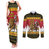Belgium Christmas Personalized Couples Matching Tank Maxi Dress and Long Sleeve Button Shirt Santa Riding Lion - Wonder Print Shop
