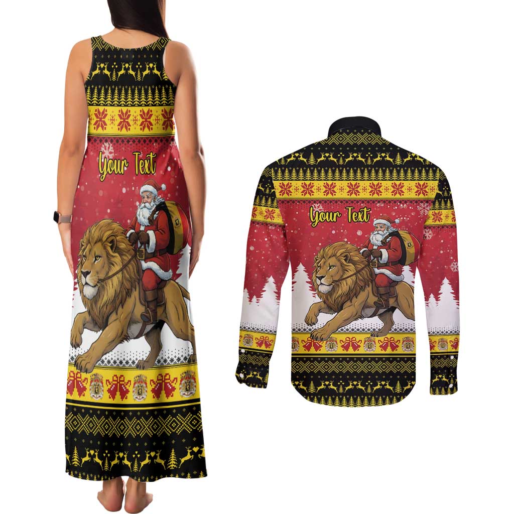Belgium Christmas Personalized Couples Matching Tank Maxi Dress and Long Sleeve Button Shirt Santa Riding Lion - Wonder Print Shop
