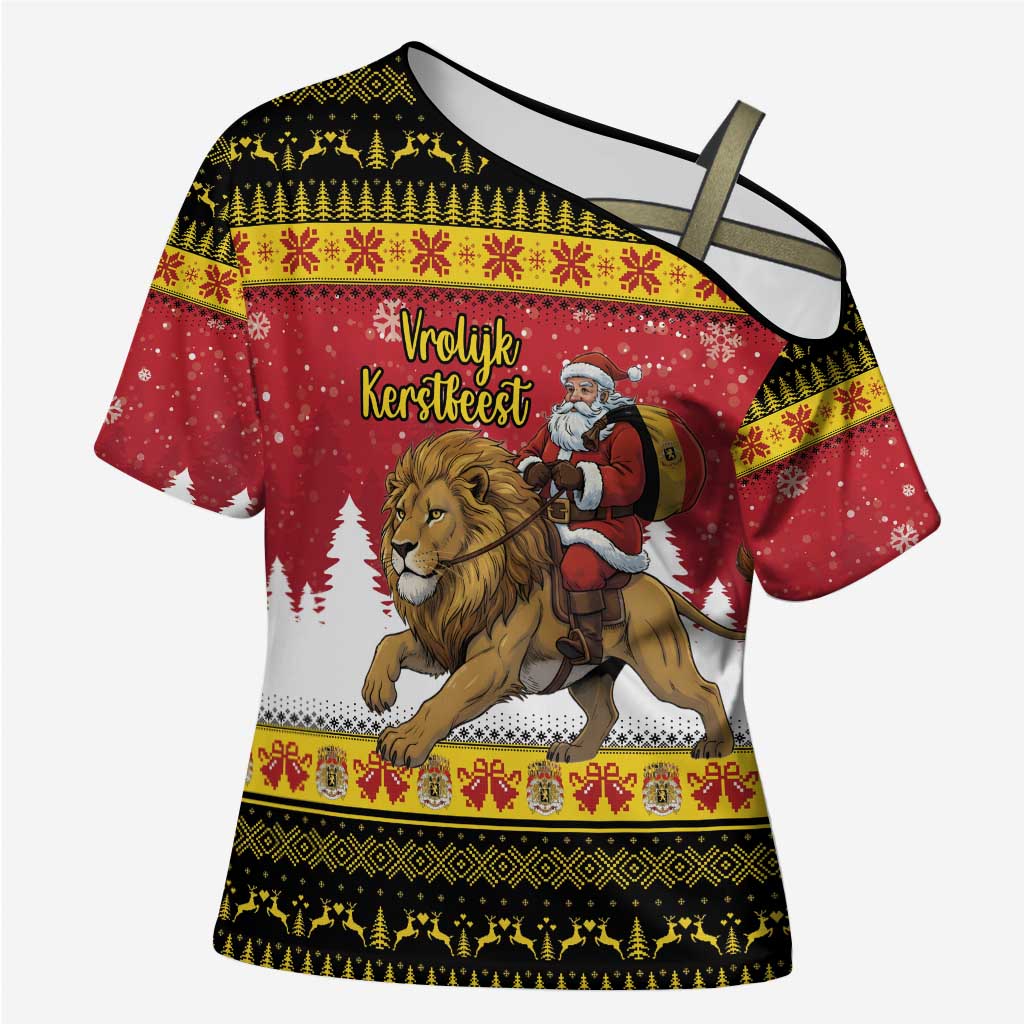 Belgium Christmas Personalized Cross Shoulder Shirt Santa Riding Lion - Wonder Print Shop