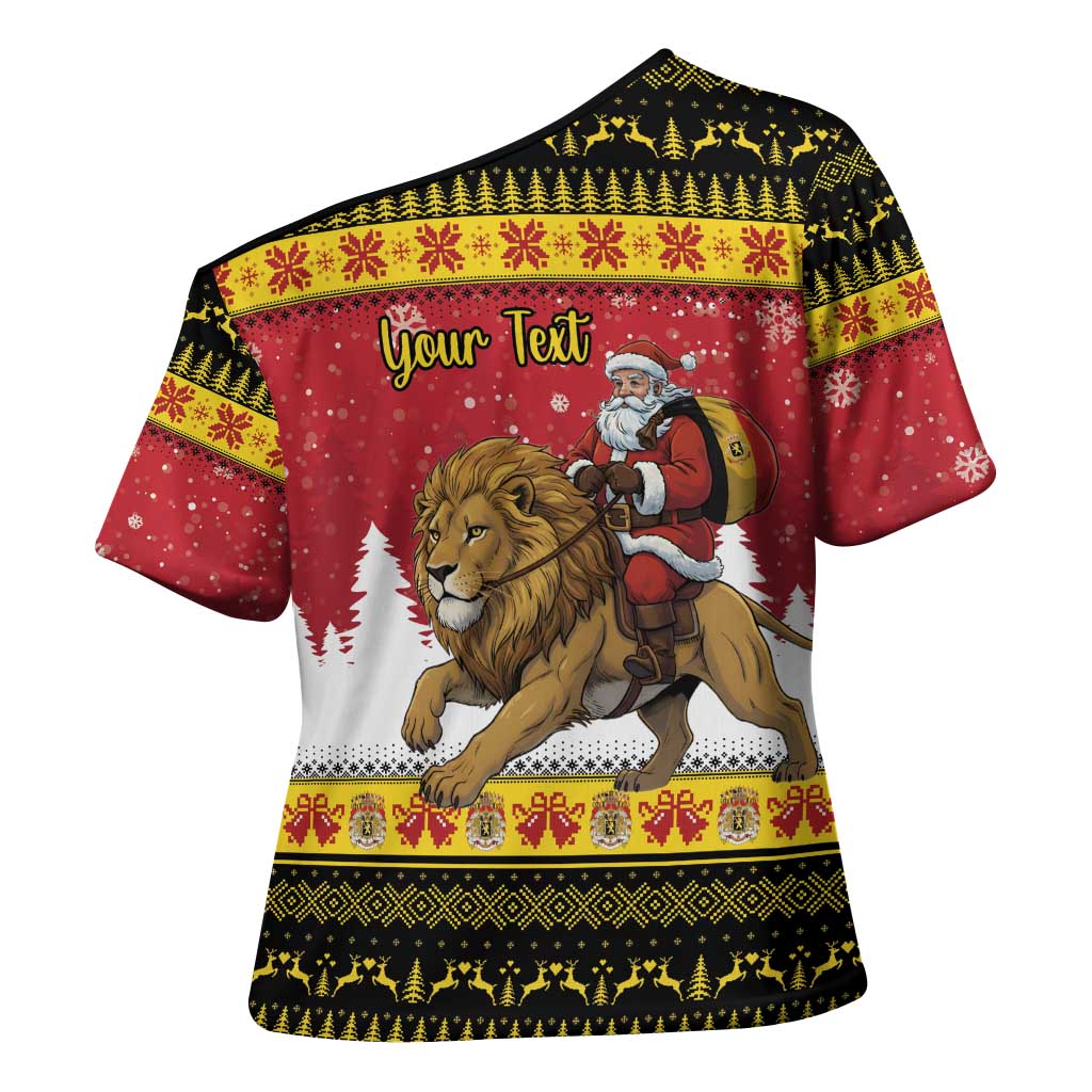 Belgium Christmas Personalized Cross Shoulder Shirt Santa Riding Lion - Wonder Print Shop