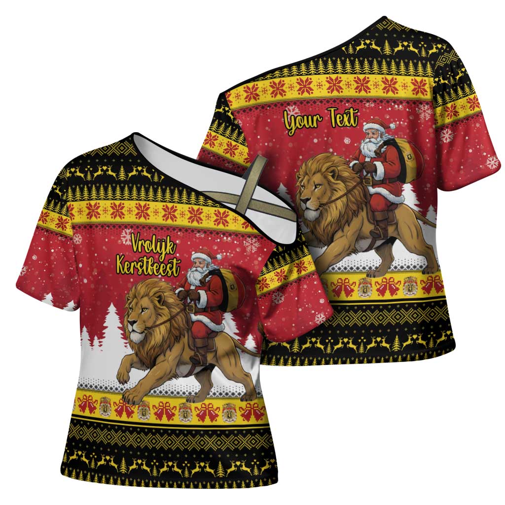 Belgium Christmas Personalized Cross Shoulder Shirt Santa Riding Lion - Wonder Print Shop