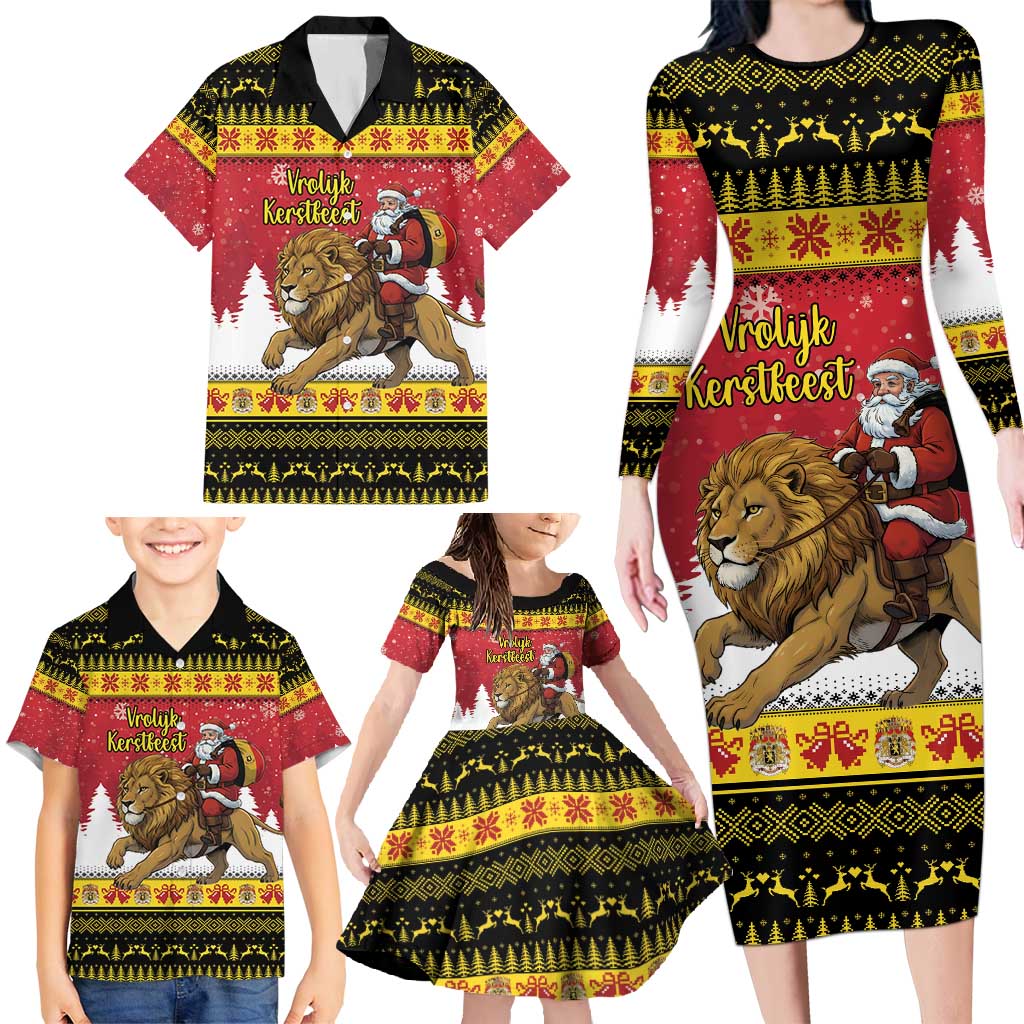 Belgium Christmas Personalized Family Matching Long Sleeve Bodycon Dress and Hawaiian Shirt Santa Riding Lion - Wonder Print Shop