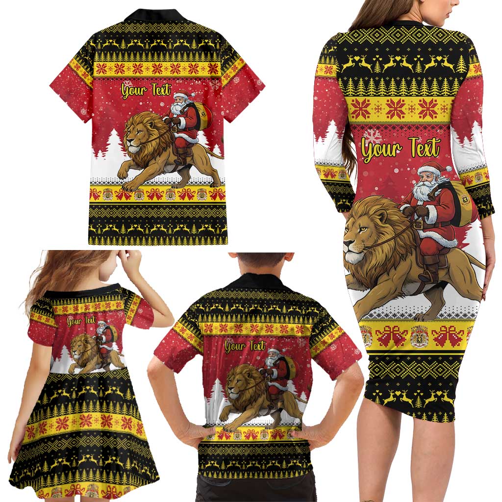 Belgium Christmas Personalized Family Matching Long Sleeve Bodycon Dress and Hawaiian Shirt Santa Riding Lion - Wonder Print Shop