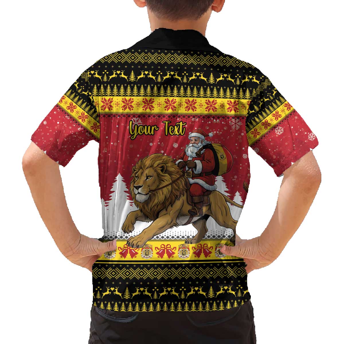 Belgium Christmas Personalized Family Matching Off The Shoulder Long Sleeve Dress and Hawaiian Shirt Santa Riding Lion - Wonder Print Shop