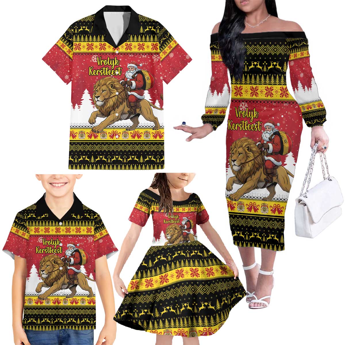 Belgium Christmas Personalized Family Matching Off The Shoulder Long Sleeve Dress and Hawaiian Shirt Santa Riding Lion - Wonder Print Shop